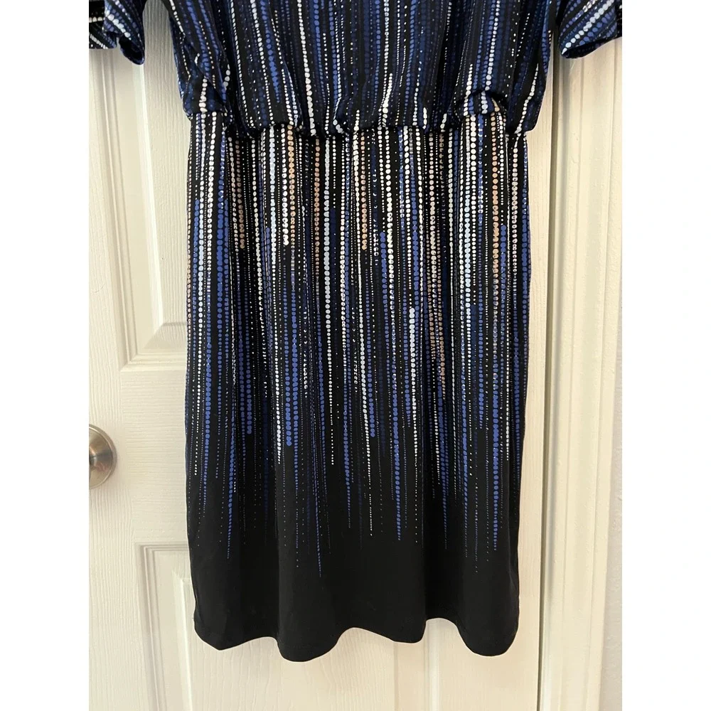WHBM Blouson Mini Dress‎ Women's Medium Black Blue Sequin Stripe Cocktail Party